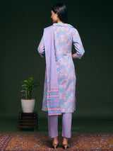Women's Blue Floral Printed Straight Fit Kurta with Pant and Pure Cotton Dupatta