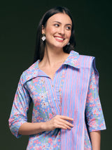 Women's Blue Floral Printed Straight Fit Kurta with Pant and Pure Cotton Dupatta