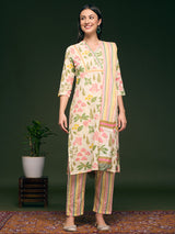 Women's Cream Floral and Stripes Printed Straight Fit Kurta with Pant and Dupatta