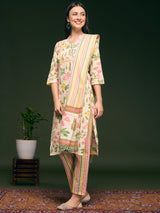 Women's Cream Floral and Stripes Printed Straight Fit Kurta with Pant and Dupatta