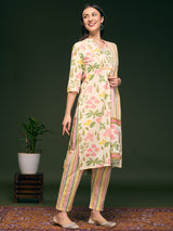 Women's Cream Floral and Stripes Printed Straight Fit Kurta with Pant and Dupatta