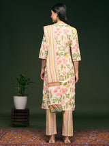 Women's Cream Floral and Stripes Printed Straight Fit Kurta with Pant and Dupatta