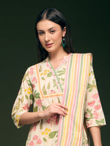 Women's Cream Floral and Stripes Printed Straight Fit Kurta with Pant and Dupatta