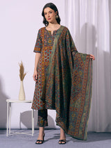 Women's Multicolor Ethnic Floral Printed A-Line Kurta with Pant and Dupatta