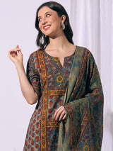Women's Multicolor Ethnic Floral Printed A-Line Kurta with Pant and Dupatta