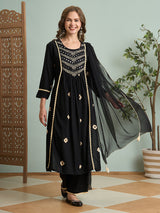 Women's Black Bandhani Printed and Embroidered A-Line Pleated Kurta with Palazzo and Dupatta