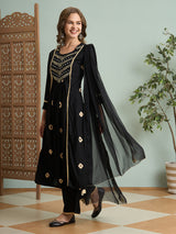 Women's Black Bandhani Printed and Embroidered A-Line Pleated Kurta with Palazzo and Dupatta