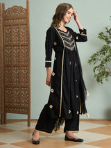 Women's Black Bandhani Printed and Embroidered A-Line Pleated Kurta with Palazzo and Dupatta