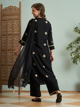 Women's Black Bandhani Printed and Embroidered A-Line Pleated Kurta with Palazzo and Dupatta