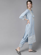 Women's Blue Silver Pure Silk Striped Kurta Set with Gotta Patti Detail