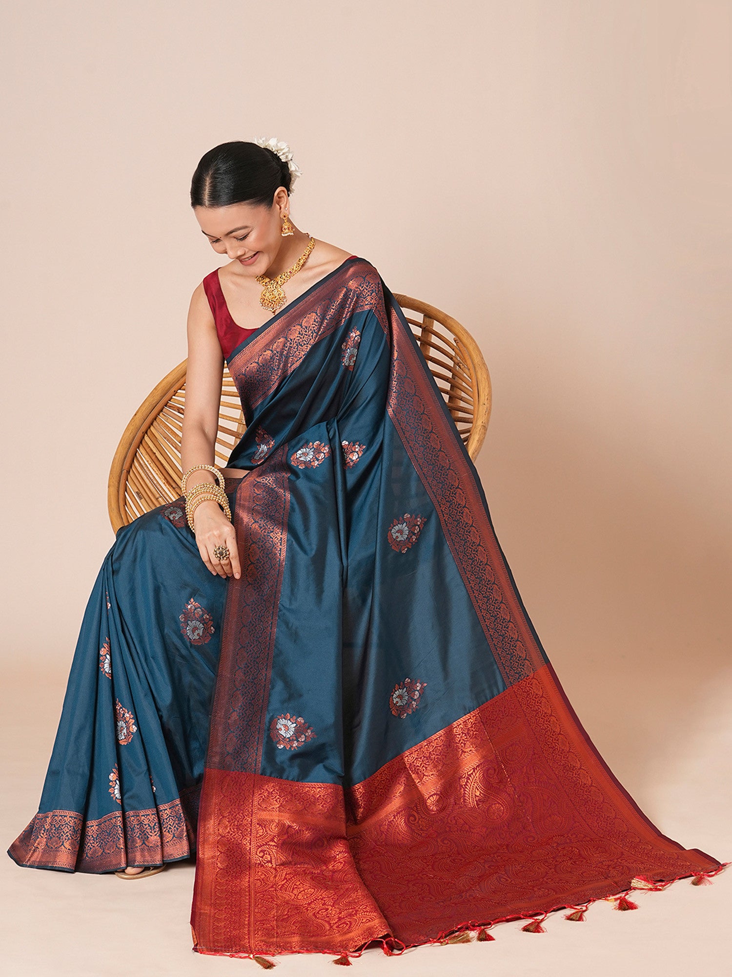 Women's Silk Blend Blue Woven Design Designer Saree with Blouse Piece