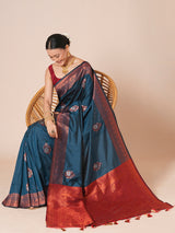 Women's Silk Blend Blue Woven Design Designer Saree with Blouse Piece