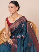 Women's Silk Blend Blue Woven Design Designer Saree with Blouse Piece