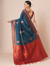 Women's Silk Blend Blue Woven Design Designer Saree with Blouse Piece