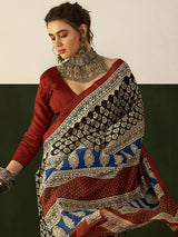 Women's Bhagalpuri Silk Black Printed Designer Saree With Blouse Piece