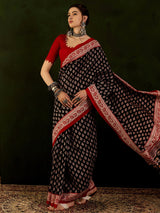 Women's Bhagalpuri Silk Black Printed Designer Saree with Blouse Piece