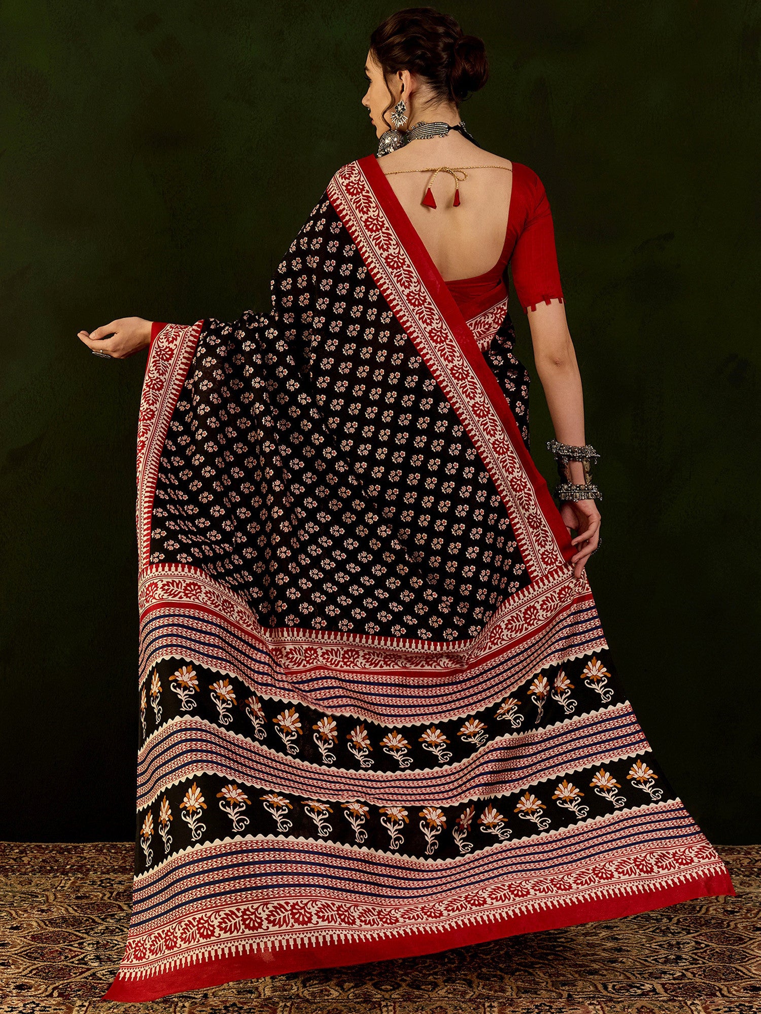 Women's Bhagalpuri Silk Black Printed Designer Saree with Blouse Piece