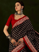 Women's Bhagalpuri Silk Black Printed Designer Saree with Blouse Piece