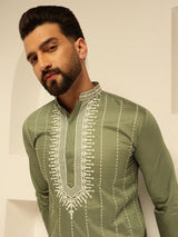 Men's Green Cotton Silk Long Kurta with Elegant Neck Embroidery