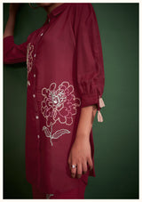 Women's Red Work Regular Fit Embroidered Three Quarter Sleeves Co-Ord Sets