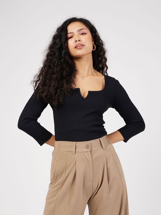 Women's Black Rib V-Neck Top