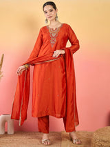Women's Rust Gracefully Beaded Yoke Kurta Paired with Solid Trouser and A Matching Dupatta