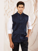 Men's Navy Silk Blend Jacquard Work Full Sleeves Nehru Jacket
