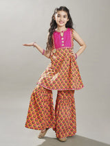 Girls Peach & Pink Floral Printed Kurta with Elasticated Waistband Sharara