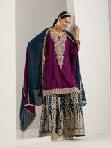 Women's Purple Polyester Chinon 3 Pieces Kurta Set