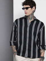 Men's Black Casual Regular Fit Striped Full Sleeves Shirt