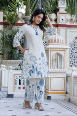 Women's Blue Work Regular Fit Embroidered Three Quarter Sleeves Co-Ord Sets