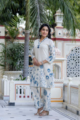 Women's Blue Work Regular Fit Embroidered Three Quarter Sleeves Co-Ord Sets