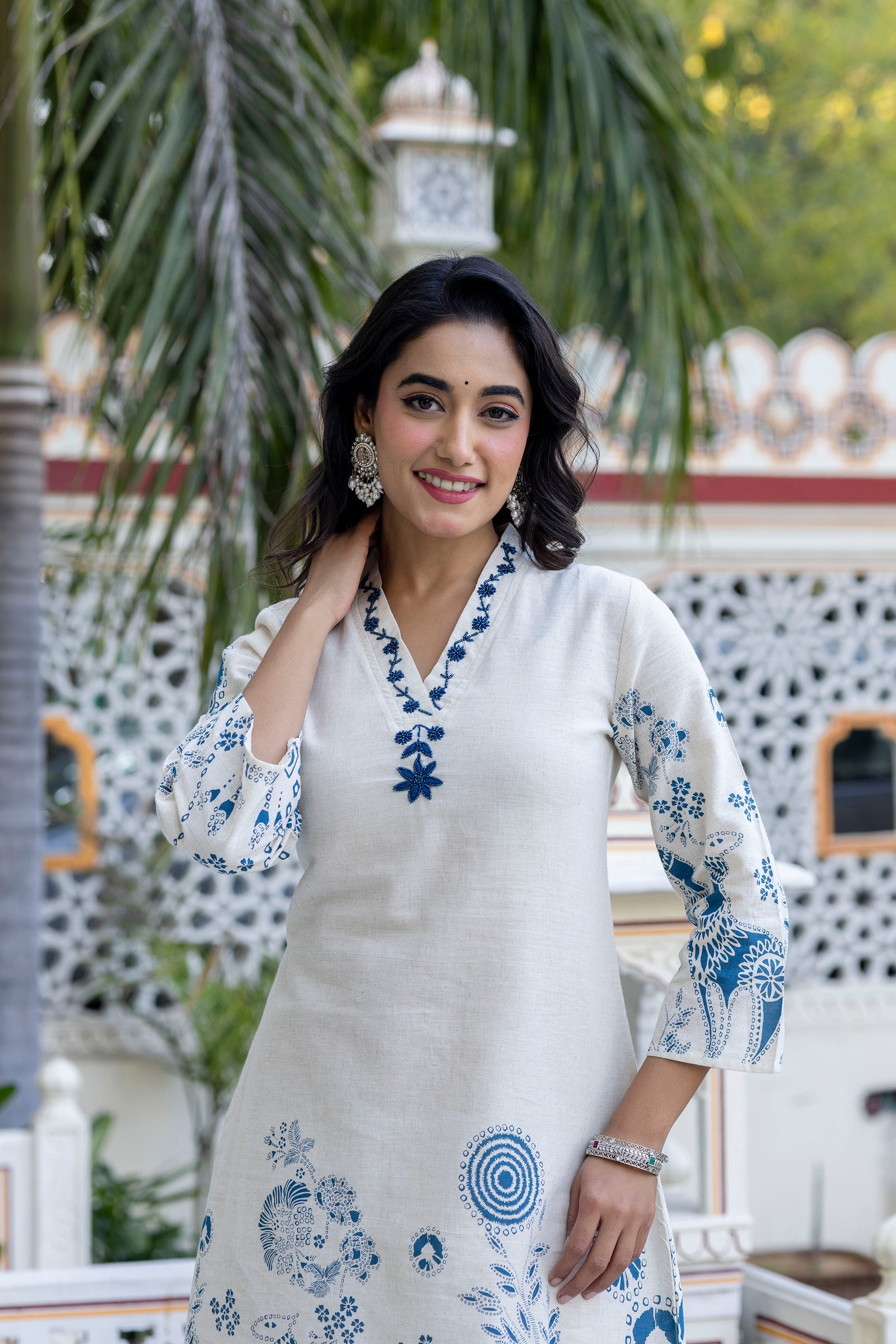 Women's Blue Work Regular Fit Embroidered Three Quarter Sleeves Co-Ord Sets