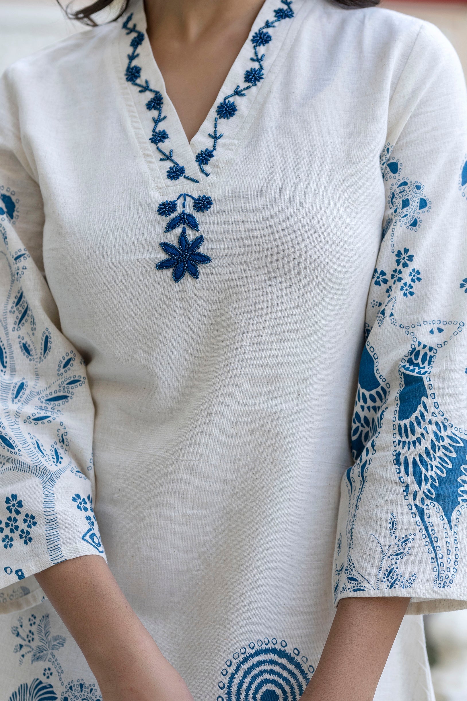 Women's Blue Work Regular Fit Embroidered Three Quarter Sleeves Co-Ord Sets