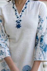 Women's Blue Work Regular Fit Embroidered Three Quarter Sleeves Co-Ord Sets