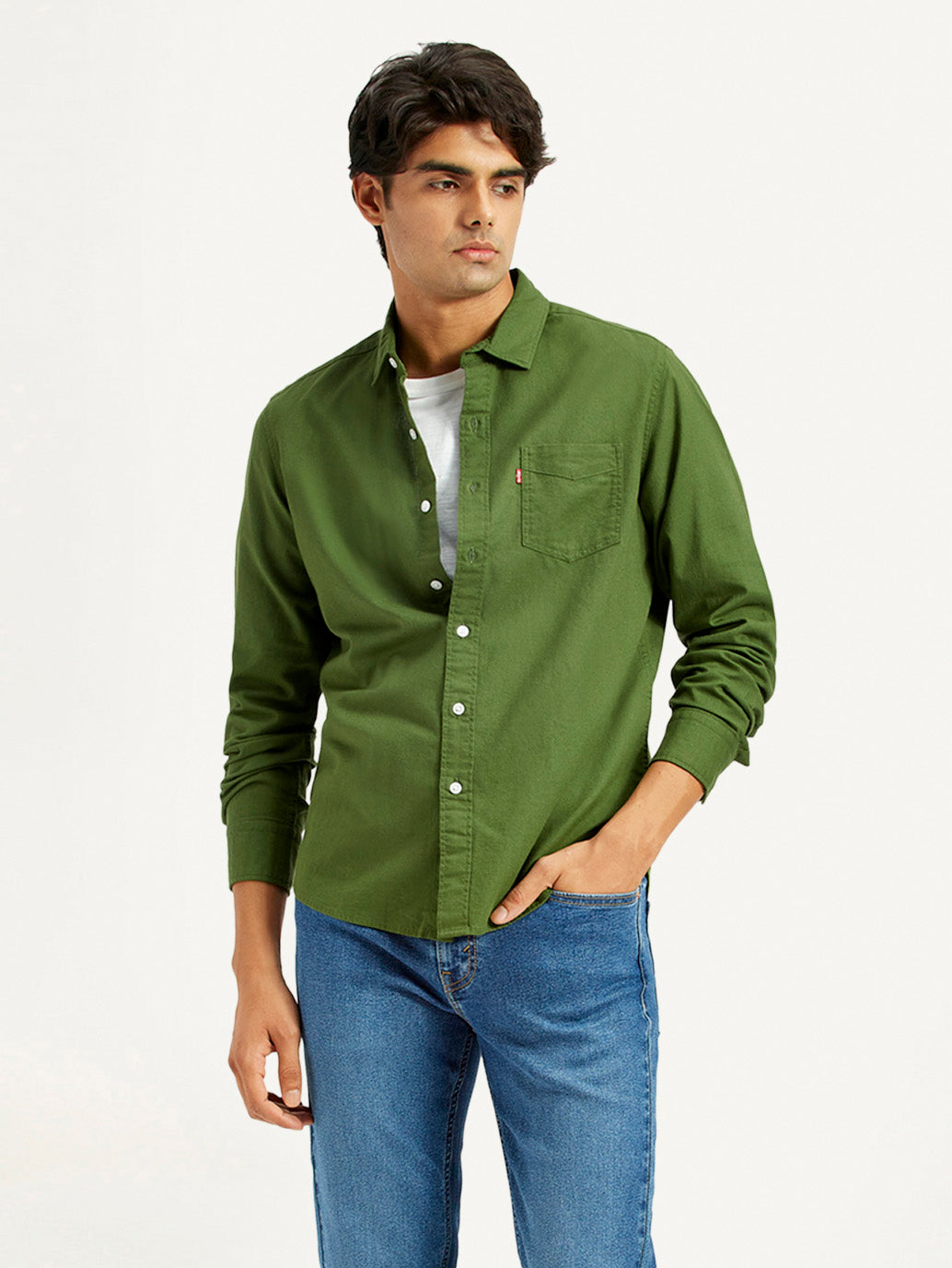 Mens Full Sleeves Green Slim Fit Shirt