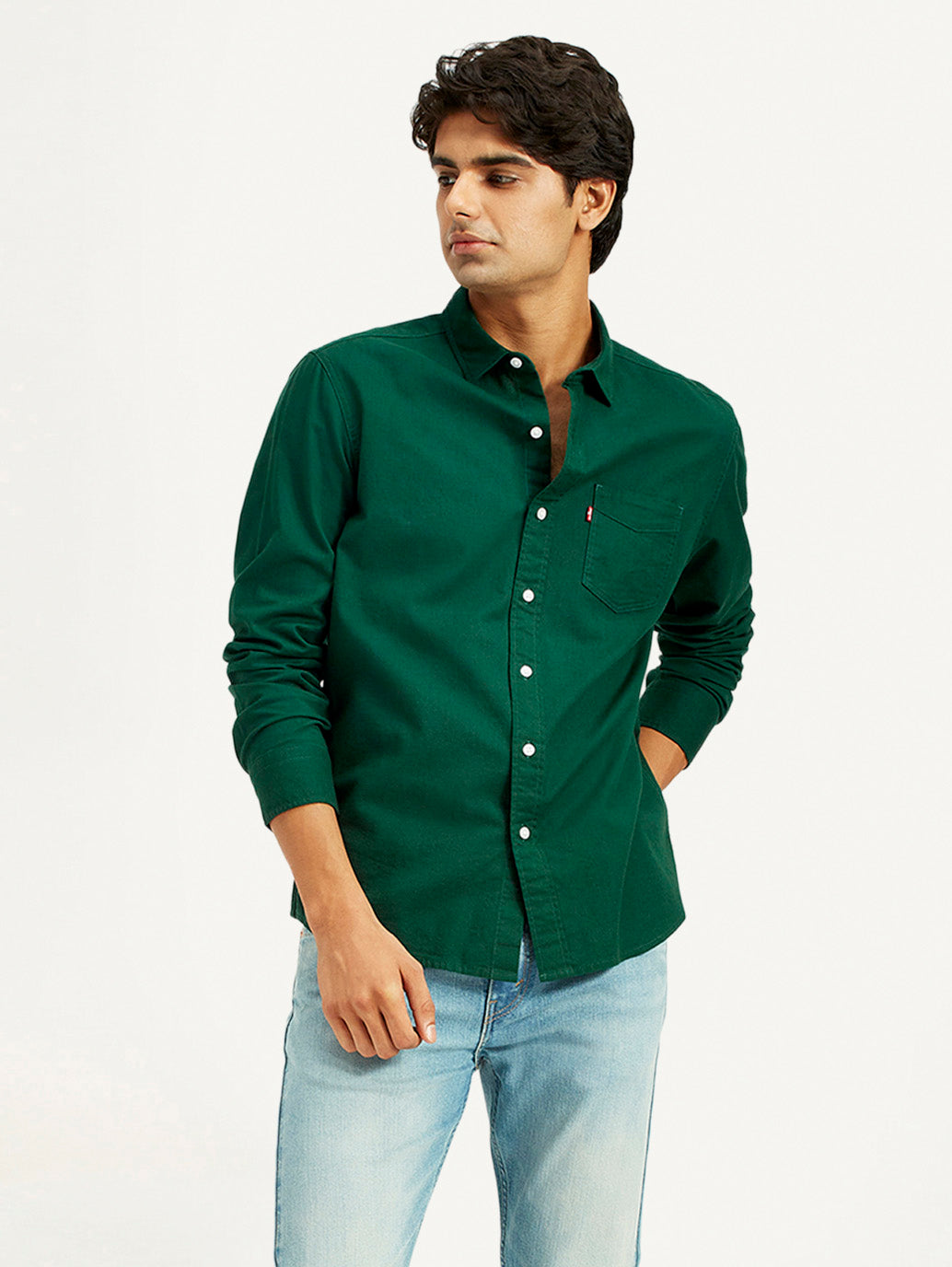 Mens Full Sleeves Green Slim Fit Shirt