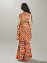 Girls Peach & Pink Floral Printed Kurta with Elasticated Waistband Sharara