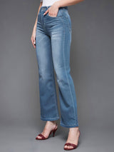 Women's Light Blue Wide Leg Mid Rise Clean Look Regular Length Denim Jeans
