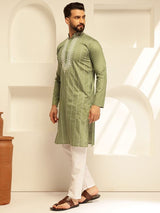 Men's Green Cotton Silk Long Kurta with Elegant Neck Embroidery