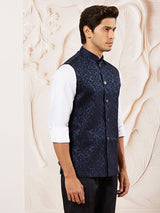 Men's Navy Silk Blend Jacquard Work Full Sleeves Nehru Jacket