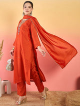 Women's Rust Gracefully Beaded Yoke Kurta Paired with Solid Trouser and A Matching Dupatta