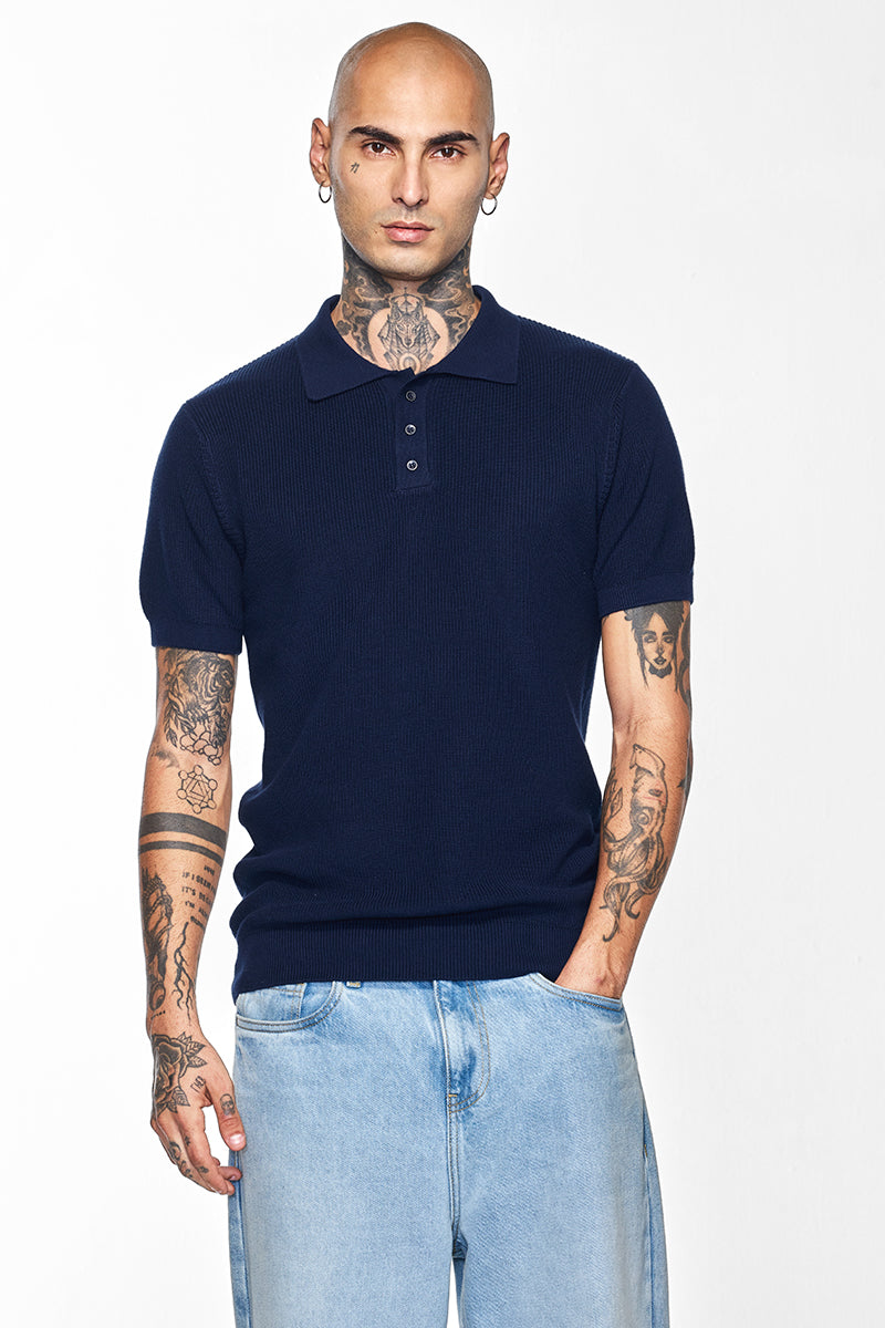 Men's Navy Casual Slim Fit Printed Half Sleeves Polo Tshirt