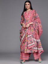 Women's Pink Cotton Anarkali Kurta and Pink Cotton Printed Palazzo with Pink Cotton Printed Dupatta