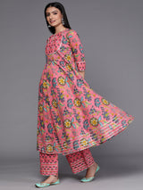 Women's Pink Cotton Anarkali Kurta and Pink Cotton Printed Palazzo with Pink Cotton Printed Dupatta