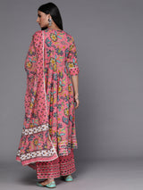 Women's Pink Cotton Anarkali Kurta and Pink Cotton Printed Palazzo with Pink Cotton Printed Dupatta
