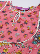 Women's Pink Cotton Anarkali Kurta and Pink Cotton Printed Palazzo with Pink Cotton Printed Dupatta