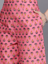 Women's Pink Cotton Anarkali Kurta and Pink Cotton Printed Palazzo with Pink Cotton Printed Dupatta