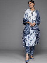 Women's White Cotton Printed Kurta and Blue Cotton Printed Trouser with Blue Cotton Printed Dupatta