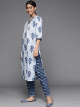 Women's White Cotton Printed Kurta and Blue Cotton Printed Trouser with Blue Cotton Printed Dupatta